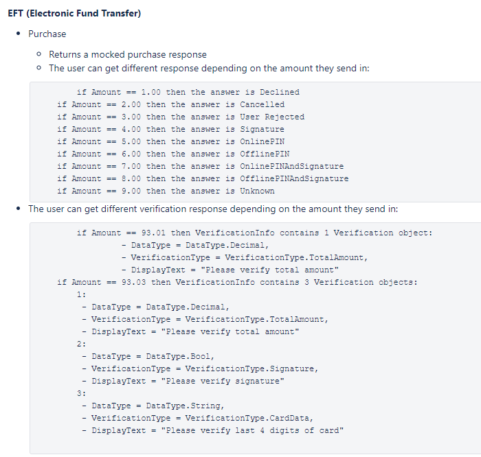 Mock EFT Response codes